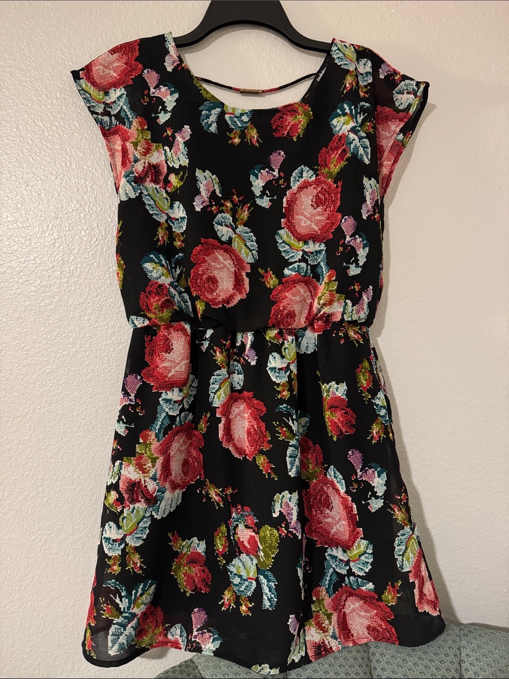 indulge Black Casual Dress with Pink Rose Floral Print
